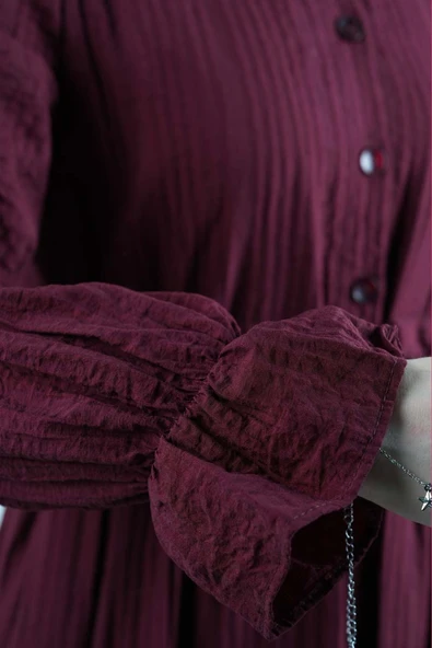 Tesettür Elbise Yarım Düğmeli Kol Fırfırlı Prenses Elbise Bordo - 5