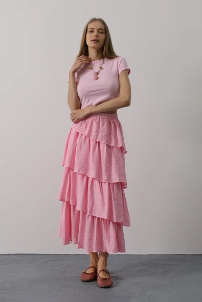 Katlı Kesim Uzun Etek - Pembe - Resim 3