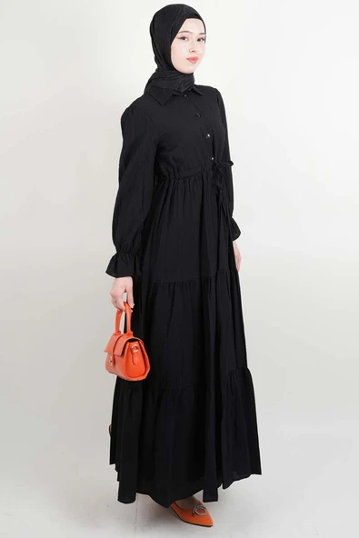 Tesettür Elbise Yarım Düğmeli Kol Fırfırlı Prenses Elbise Siyah - 2