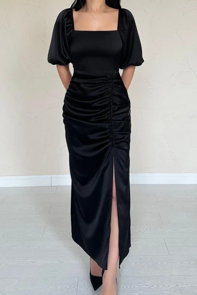 Siyah Büzgülü Saten Elbise - Resim 3