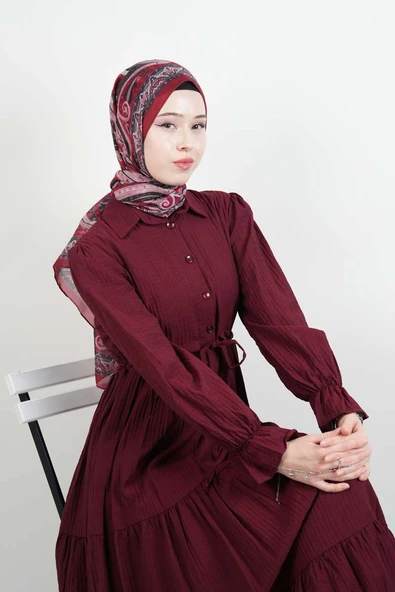 Tesettür Elbise Yarım Düğmeli Kol Fırfırlı Prenses Elbise Bordo - 2