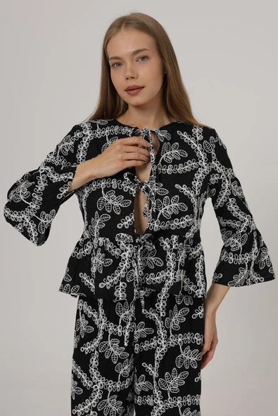 Fiyonk Bağlamalı Brode Bluz - Siyah ürün görseli