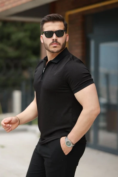 Erkek Fermuarlı Yaka Kısa Kollu Tişört - Resim 2