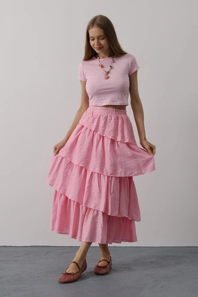 Katlı Kesim Uzun Etek - Pembe - Resim 2