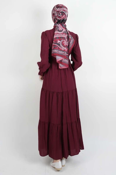 Tesettür Elbise Yarım Düğmeli Kol Fırfırlı Prenses Elbise Bordo - 4