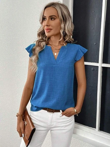 Kadın Kısa Kelebek Kollu V Yakalı Bluz - Resim 5