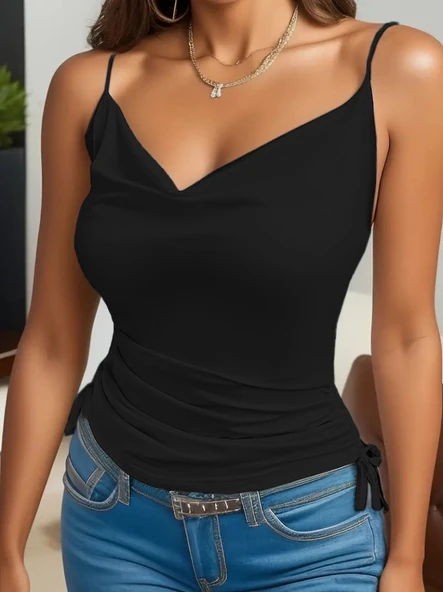 Kadın Askılı Degaje Yaka Yanlardan Büzgülü Sandy Bluz - Resim 4