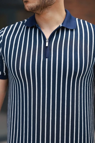 Erkek çizgili Fermuar Yakalı Kısa Kollu Tişört - Resim 3