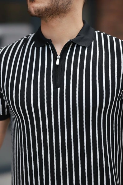 Erkek çizgili Fermuar Yakalı Kısa Kollu Tişört - Resim 3
