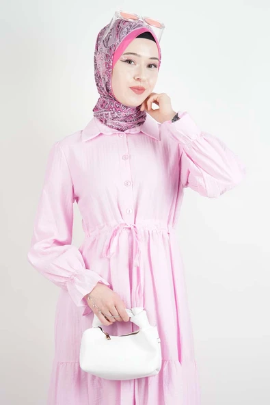 Tesettür Elbise Yarım Düğmeli Kol Fırfırlı Prenses Elbise Pembe - 4