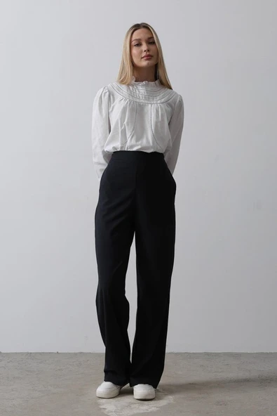 Beli Yarım Lastikli Palazzo Pantolon - Lacivert - Resim 3