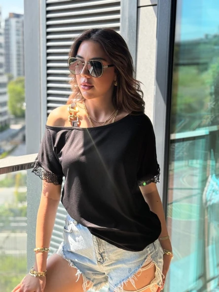 Kadın Tek Omuzu Askılı Kısa Kollu Toka Detaylı Dantelli Viskon Bluz - Resim 3