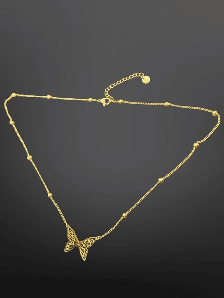 Gold Renk Kelebek Model 316L Çelik Zarif Boncuk Detaylı Kolye ürün görseli