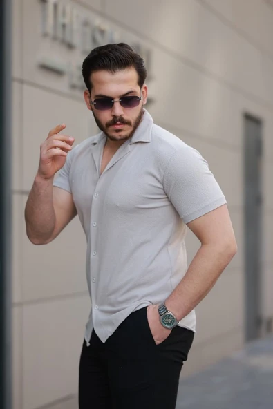 Erkek Kısa Kollu örme Kumaş Pamuklu Gömlek - Resim 2