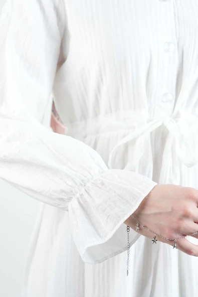 Tesettür Elbise Yarım Düğmeli Kol Fırfırlı Prenses Elbise Beyaz - 5