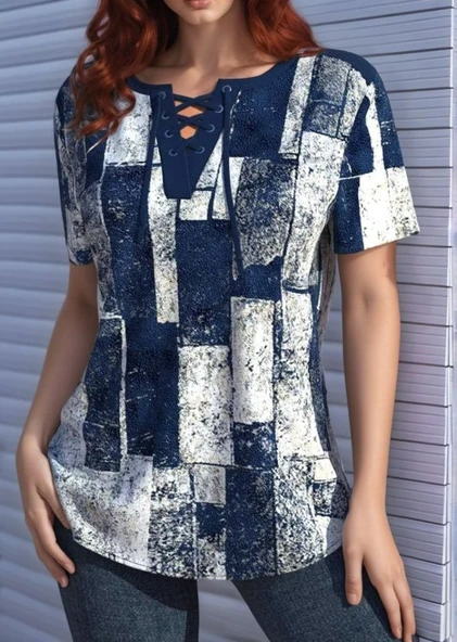 Kadın Kısa Kollu Yakası Bağcıklı Kuş Gözü Detay Süprem Bluz ürün görseli 1