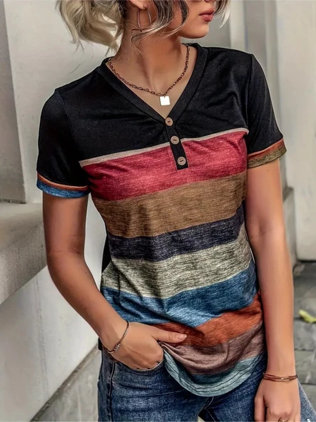 Kadın Kısa Kollu V Yakalı Düğmeli çok Renkli Süprem Bluz - Resim 4