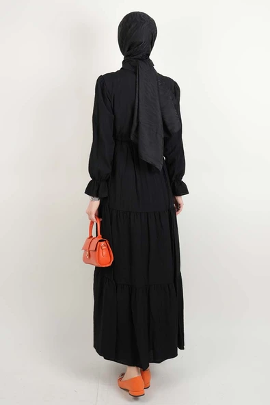 Tesettür Elbise Yarım Düğmeli Kol Fırfırlı Prenses Elbise Siyah - 3