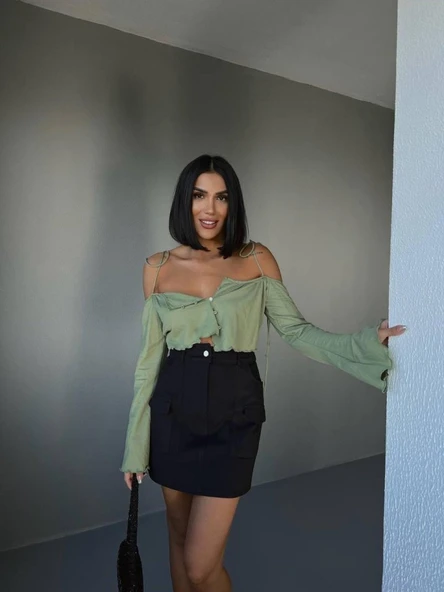 GABARDİN KISA ETEK CEP DETAYLI - Siyah ürün görseli