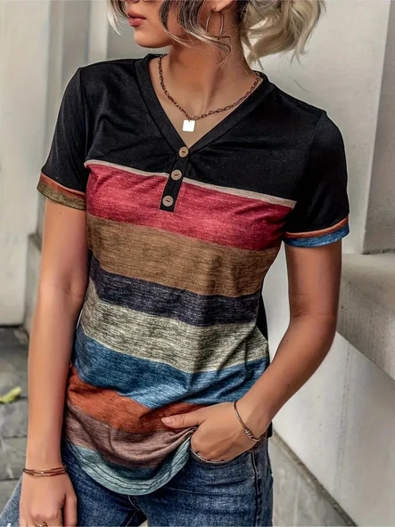 Kadın Kısa Kollu V Yakalı Düğmeli çok Renkli Süprem Bluz ürün görseli