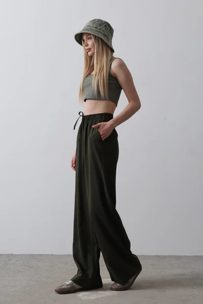 Beli Lastikli Bol Paça Pantolon - Koyu Haki - Resim 2