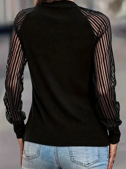 Kadın Uzun Kollu Tül Detaylı Bisiklet Yakalı Kaşkorse Bluz - Resim 4