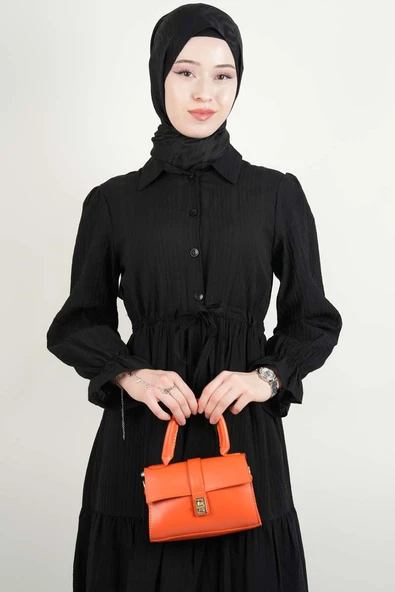 Tesettür Elbise Yarım Düğmeli Kol Fırfırlı Prenses Elbise Siyah - 4