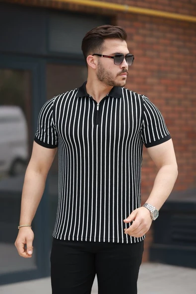 Erkek çizgili Fermuar Yakalı Kısa Kollu Tişört ürün görseli