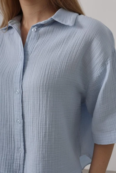 Yarım Kol Müslin Gömlek - Bebe Mavisi - Resim 3