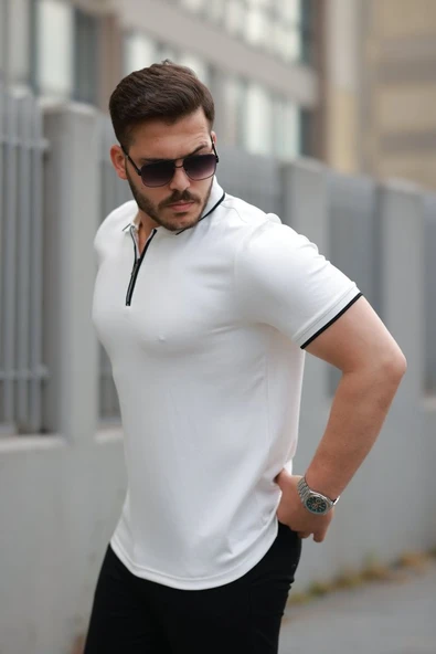 Erkek Fermuar Yakalı çizgi Detaylı Kısa Kollu Tişört - Resim 2