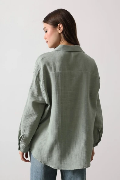 Müslin Uzun Kol Gömlek - Haki - Resim 4