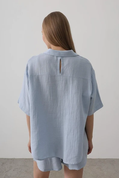 Yarım Kol Müslin Gömlek - Bebe Mavisi - Resim 4