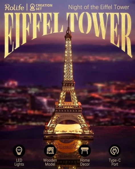Rolife Büyük Eyfel Kulesi 3D Ahşap Puzzle - LED Model Yapı Seti - Resim 2
