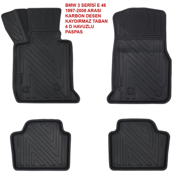 BMW 3 Serisi E46 1997-2006 4D Premium Havuzlu Paspas-Kaydırmaz Taban