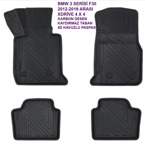BMW 3 Serisi F30 2012-2019 4x4 xDRİVE 4D Premium Havuzlu Paspas-Kaydırmaz Taban