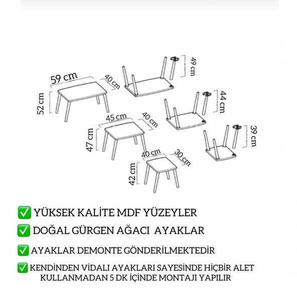 3 Lü  zigon sehpa beyaz mermer desenli Mdf - 2