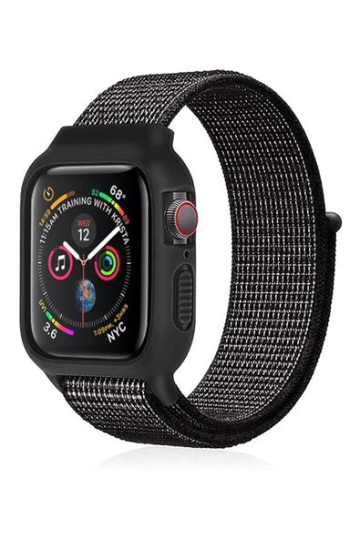 Apple Watch 38mm Hasırlı Cırtcırtlı Kasalı Kordon - Benekli Siyah ürün görseli