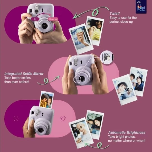 Fujifilm Instax Mini 12 Anlık Fotoğraf Makinesi/ Minimate Özel Kılıf/20 Sayfa/İkili Paket - Pembe - Resim 4