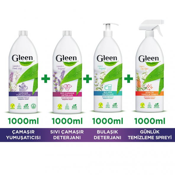 Gleen Organik İçerikli Vegan Çamaşır Deterjanı,Yumuşatıcı,Bulaşık Deterjanı,Sprey Paketi 4lü No.2