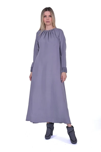 İNVEE YAKA VE KOL DATAYLİ ELBİSE GRİ6964 ürün görseli 1