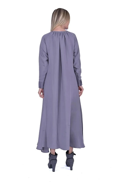 İNVEE YAKA VE KOL DATAYLİ ELBİSE GRİ6964 - Resim 2