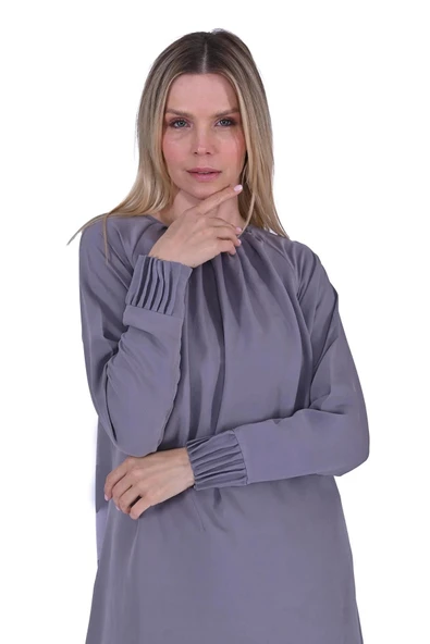 İNVEE YAKA VE KOL DATAYLİ ELBİSE GRİ6964 - Resim 3