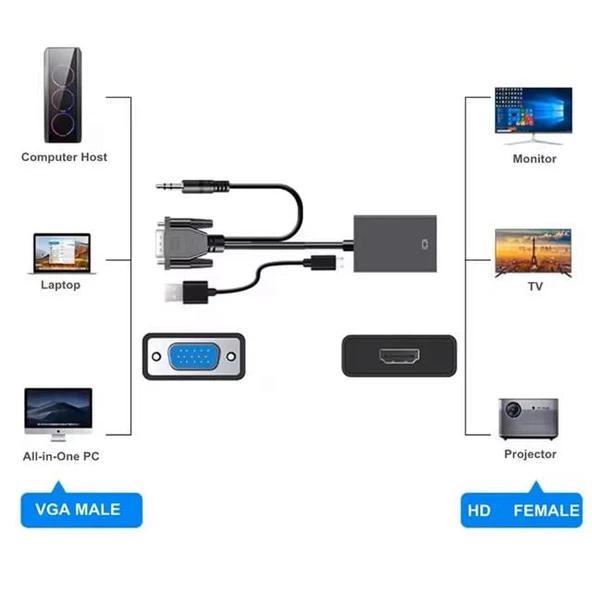 X-Level XCC7804 Ses Girişli VGA TO HDMI Dönüştürücü (45 CM AUX Kablo 15 CM VGA Kablo) - 3
