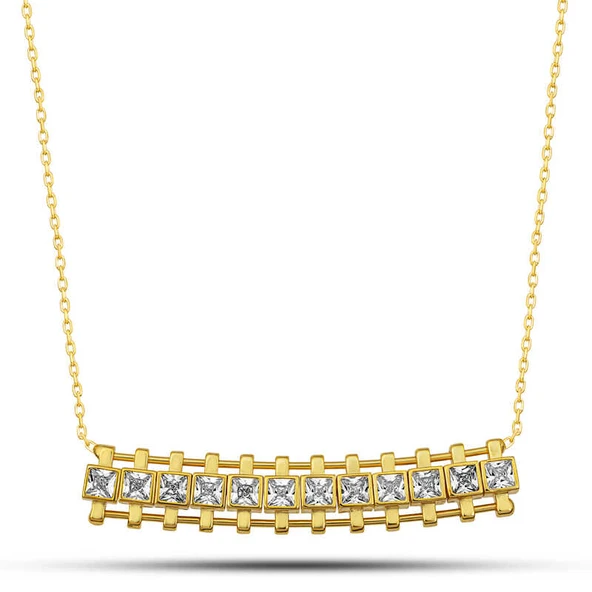 Lucky Life Gümüş Gold Zirkon Taşlı Kare Bar Kadın Kolye ürün görseli 1