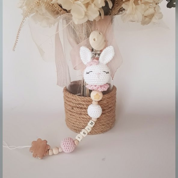 Tavşan Çıngırak ve Emzik Askısı 100 El Örgüsü - Resim 2