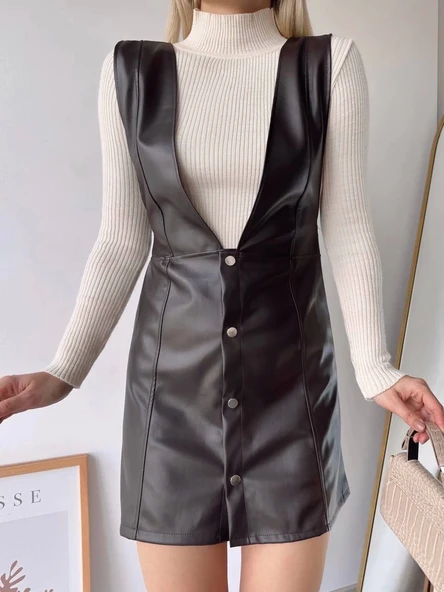 Deri jile elbise kahve w24796 - Resim 3