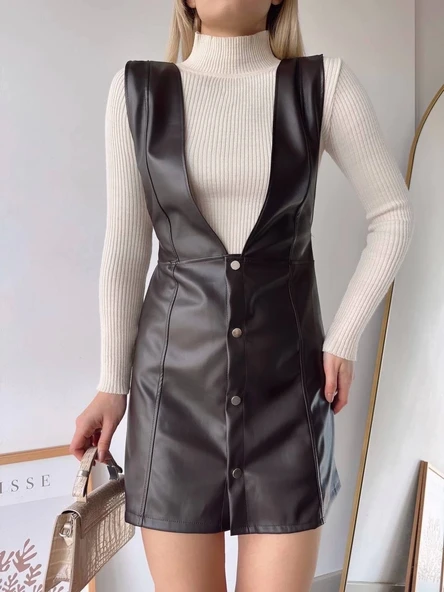 Deri jile elbise kahve w24796 - Resim 4