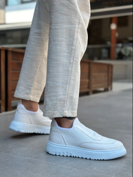 ET0911 Özel Örme Triko Deri Tozu Detaylı Beyaz Günlük Spor Ayakkabı - Resim 2