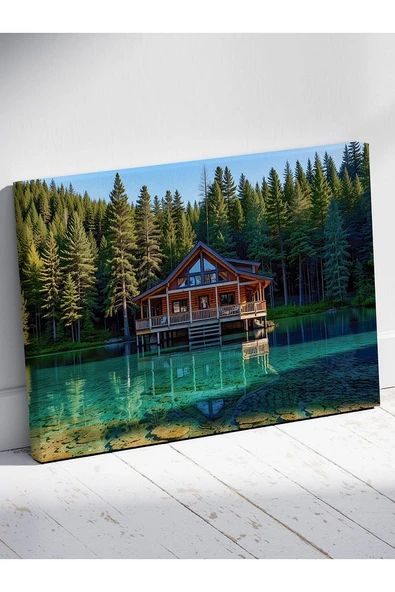 "Göl Evi Manzarası Tablosu Huzurlu ve Etkileyici Dekoratif Kanvas %100 Pamuklu Sanat Eseri - 3