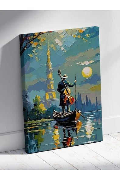 Nehirde Çello Çalan Adam Tablosu Kule ve Dolunay Manzaralı Sanat %100 Pamuklu Dekoratif Kanvas - 3